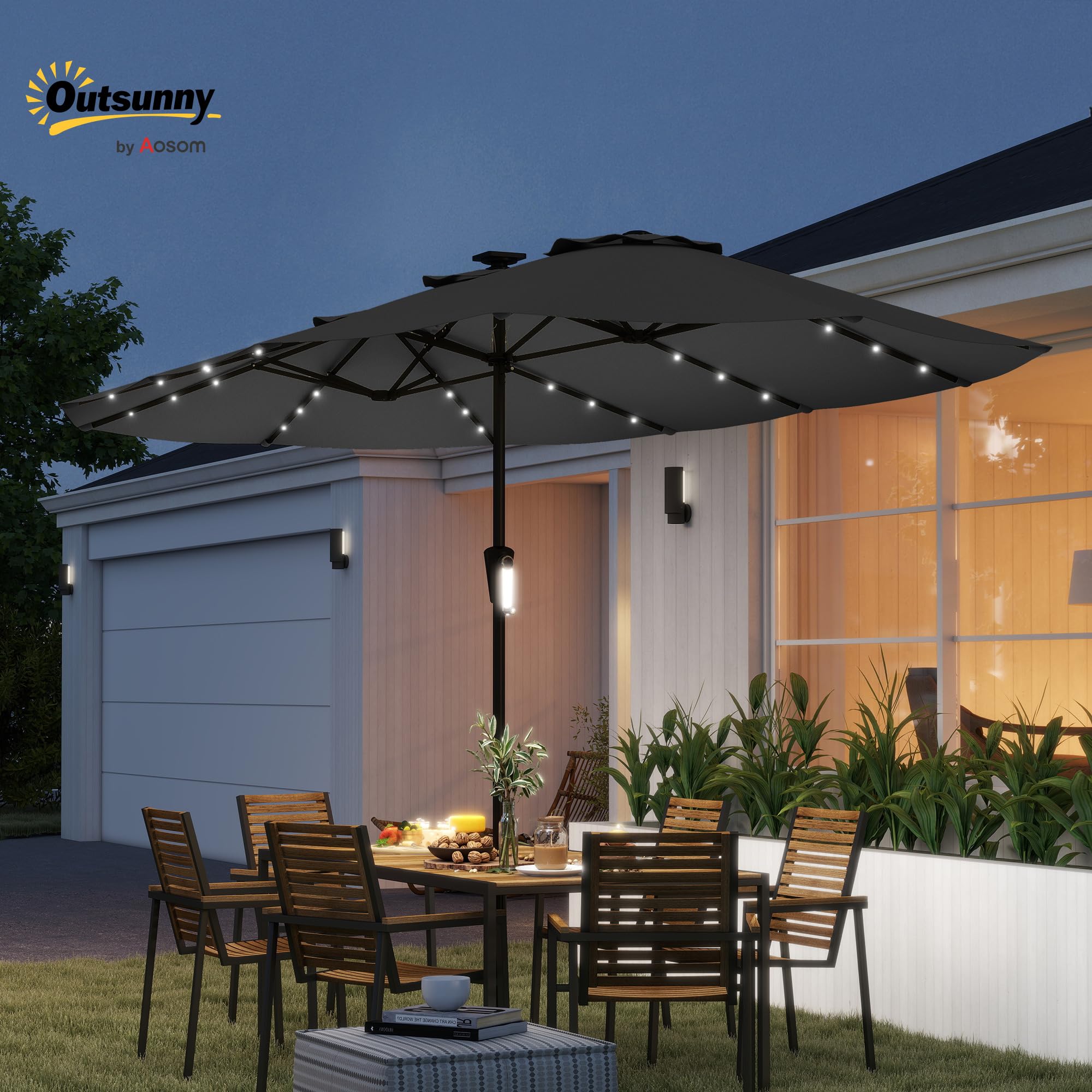 Outsunny Sombrilla Doble con 36 Luces LED Solares, 4x2 m, Sombrilla Terraza Exterior con Manivela, UPF50+, 12 Varillas, Resistente al Agua, Parasol para Jardín, Terraza, Patio — view 2