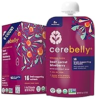 Vista 1 de Cerebelly Bolsas de comida orgánica para bebés, purés de remolacha zanahoria y arándanos, 16 nutrientes, sin azúcar añadido, fibra y sin OMG, 4