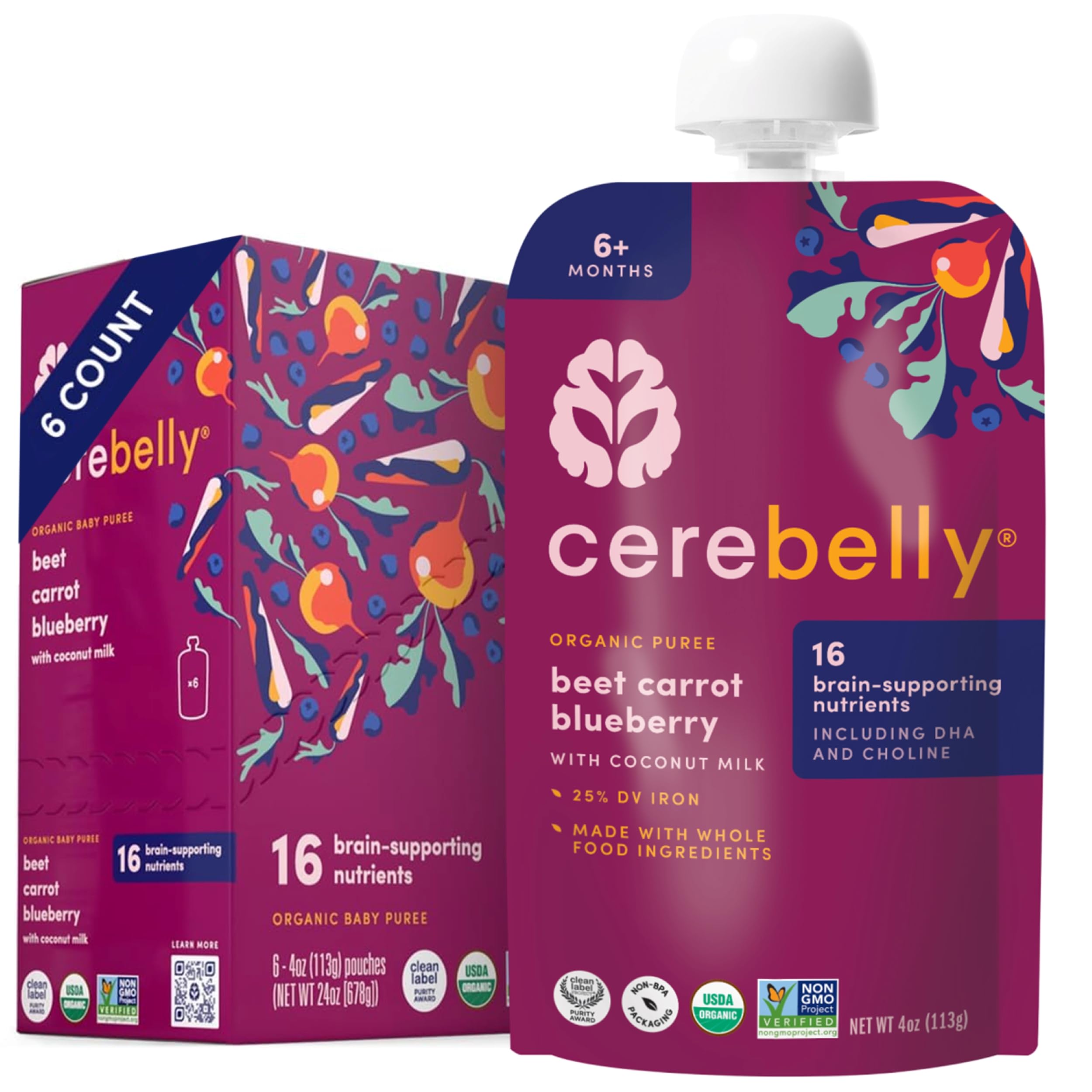 Cerebelly Organic Baby Food Pouches, Beet Carrot Blueberry Purees, 16 Nutrients, No Added Sugar, Fiber & Non-GMO, 4oz, 6 Pack