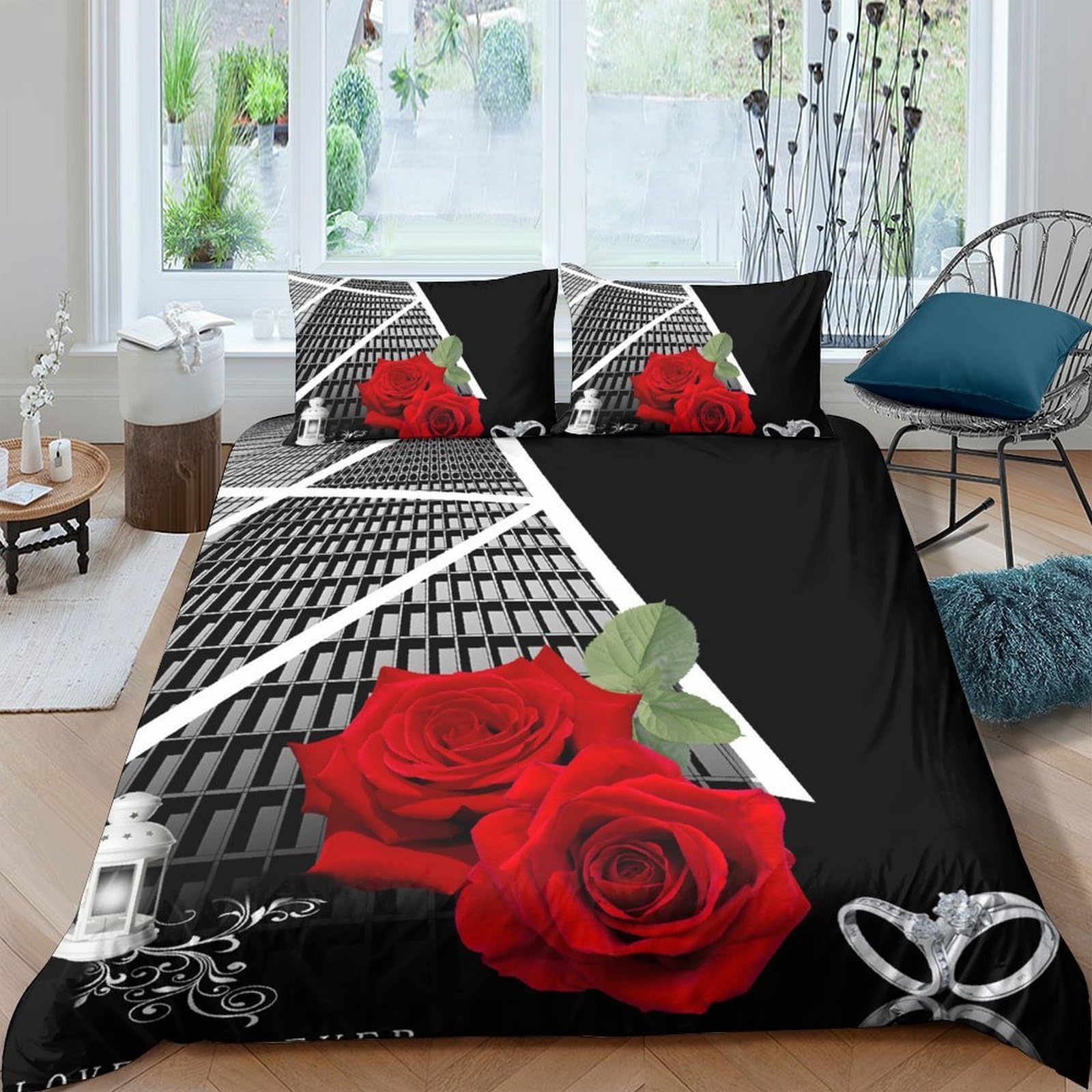 Ctjqhvkz Style-9 3D Printed Red Rose City View Fitted Sheet Microfiber Soft Breathable Urban Skyline Bed Cover Bedroom Decor Single（135X200cm）