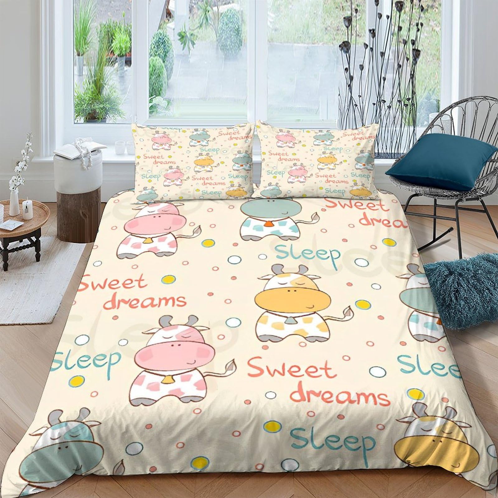 Housse de couette vache 3D 220x240 cm en microfibre avec taies d'oreiller pour lit King
