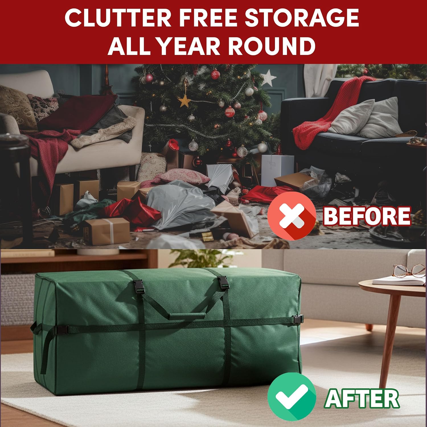 Christmas Tree Storage Bag- For up to 7.5FT Artificial Trees- Quality Green Canvas & Binding Straps- Protects Holiday Decorations by Tiny Tim Totes