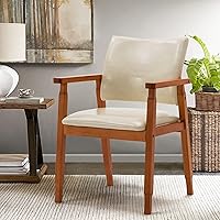 NOBPEINT Mid-Century Dining Side Chair Beige Faux Leather Seat Armrests Wood Frame Easy Assembly