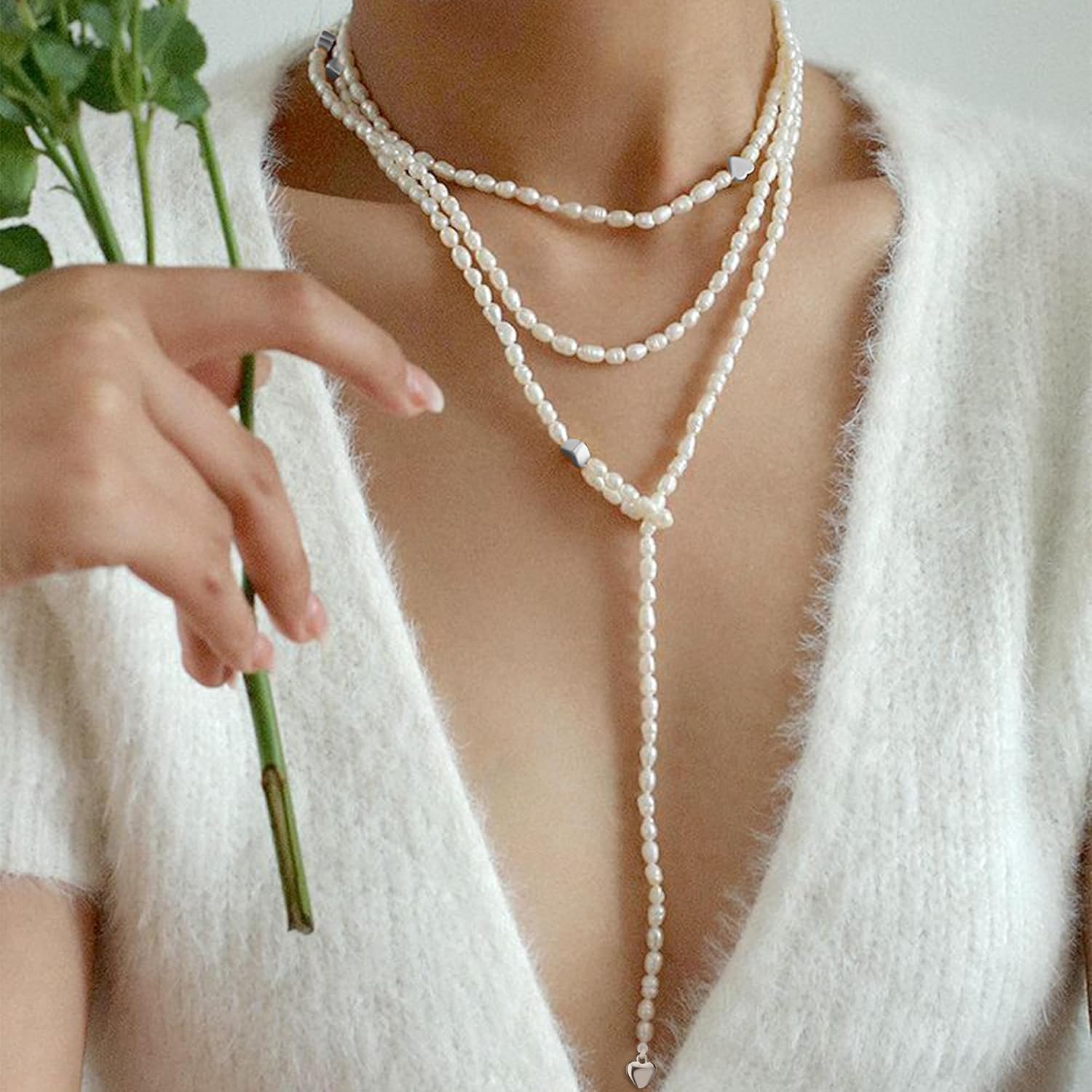 Sereney Long Pearl Necklaces for Women Dainty Pearls Layered Necklace, Long Necklaces for Women as Wedding Fashion Bridal Jewelry, Cream White Beaded Necklace with Heart for Multiple Pearl Styles - Image 2