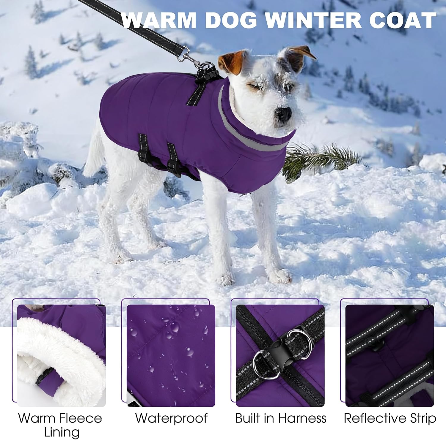 Mklhgty Large Dog Coat with Harness Built-in, Waterproof Reflective Fleece Lined - Warm Windproof Winter Jacket with Back Zipper, Cold Weather Snow Dog Coats - Purple - XL
