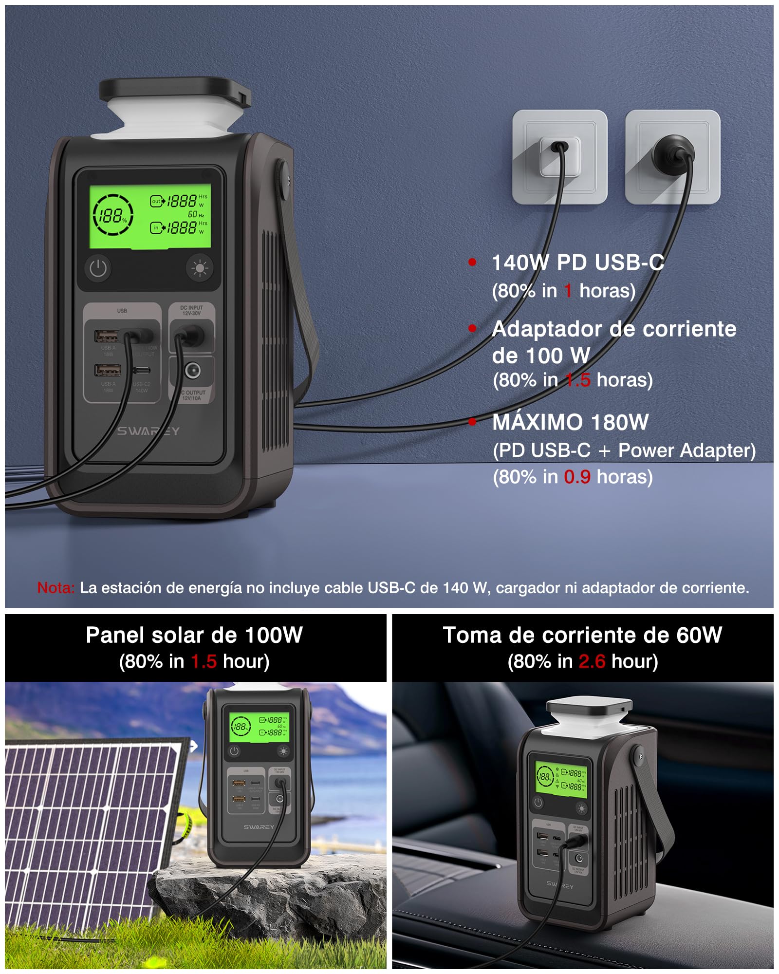 Estación de Energía Portátil S200, 192Wh Batería LiFePO4, Salida DC 180W, Carga Rápida Bidireccional USB-C de 140W, Generador Solar para Camping Viajes Emergencias