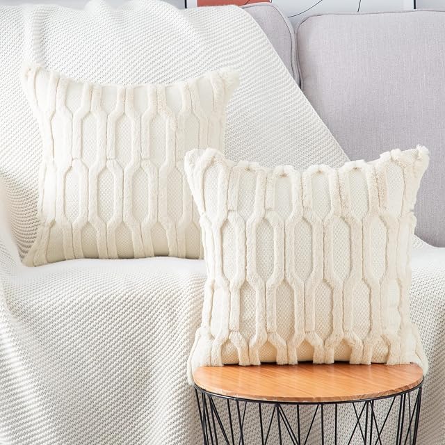 Madizz Pack of 2 Soft Plush Short Wool Velvet Decorative Cushion Covers Luxury Style Throw Pillow Cases Pillow Shell for Sofa Bedroom Square Beige 12x12 inch