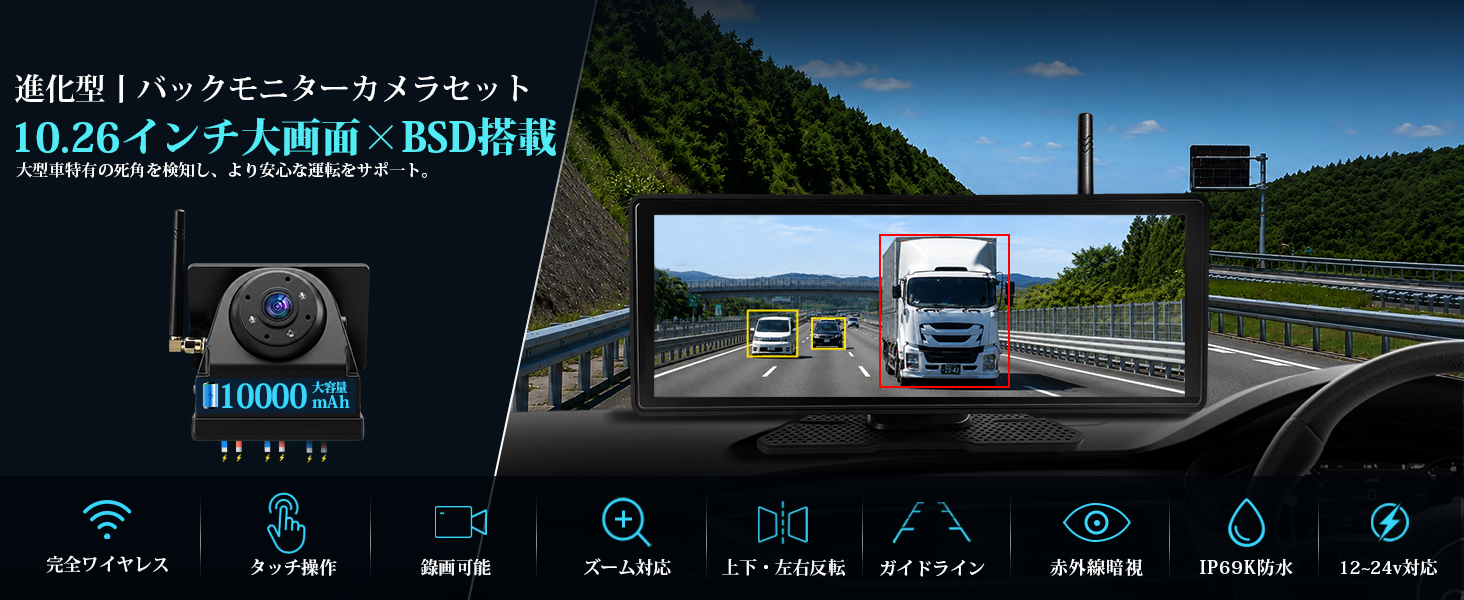 Amazon.co.jp: URVOLAX 10.26インチ大画面 ワイヤレス バックカメラ