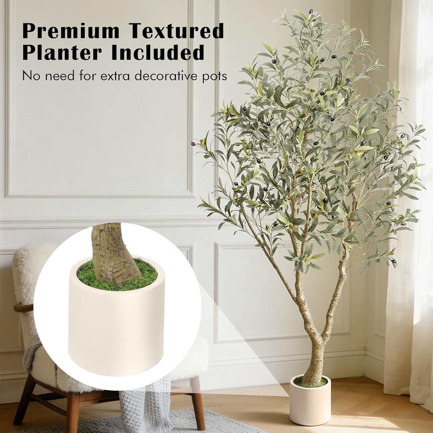 6FT Artificial Olive Tree with Elegant Planter & Moss, Faux Olive Tree Indoor with Natural Wood Trunk & Lifelike Leaves, Tall Fake Plant for Living Room Home Office Decor – Housewarming Gift