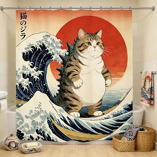 Funny Cat Wave Bathroom Shower Curtain 60W by 71H Inch Japanese Sea Ocean Hilarious Anime Animal Sunset Polyester Fabric 12 Plastic Hooks Waterproof Decor