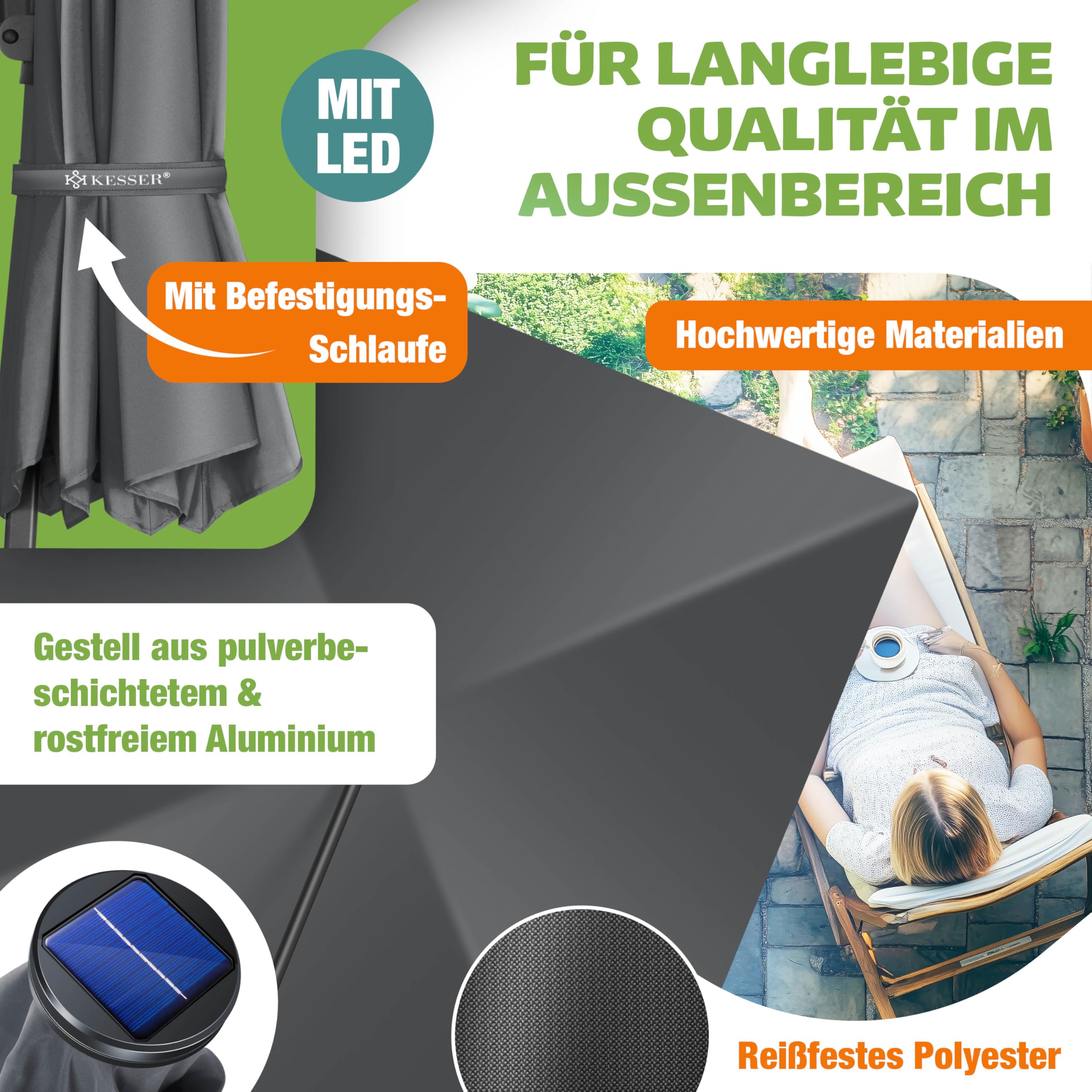 KESSER® Sonnenschirm Ampelschirm SUN XL 300 x 300 cm Inkl. Abdeckung + Windsicherung Drehbar Neigbar Kippbar Marktschirm Groß 360° Rotation, Gartenschirm mit Kurbel Sonnenschutz UV50+, Anthrazit