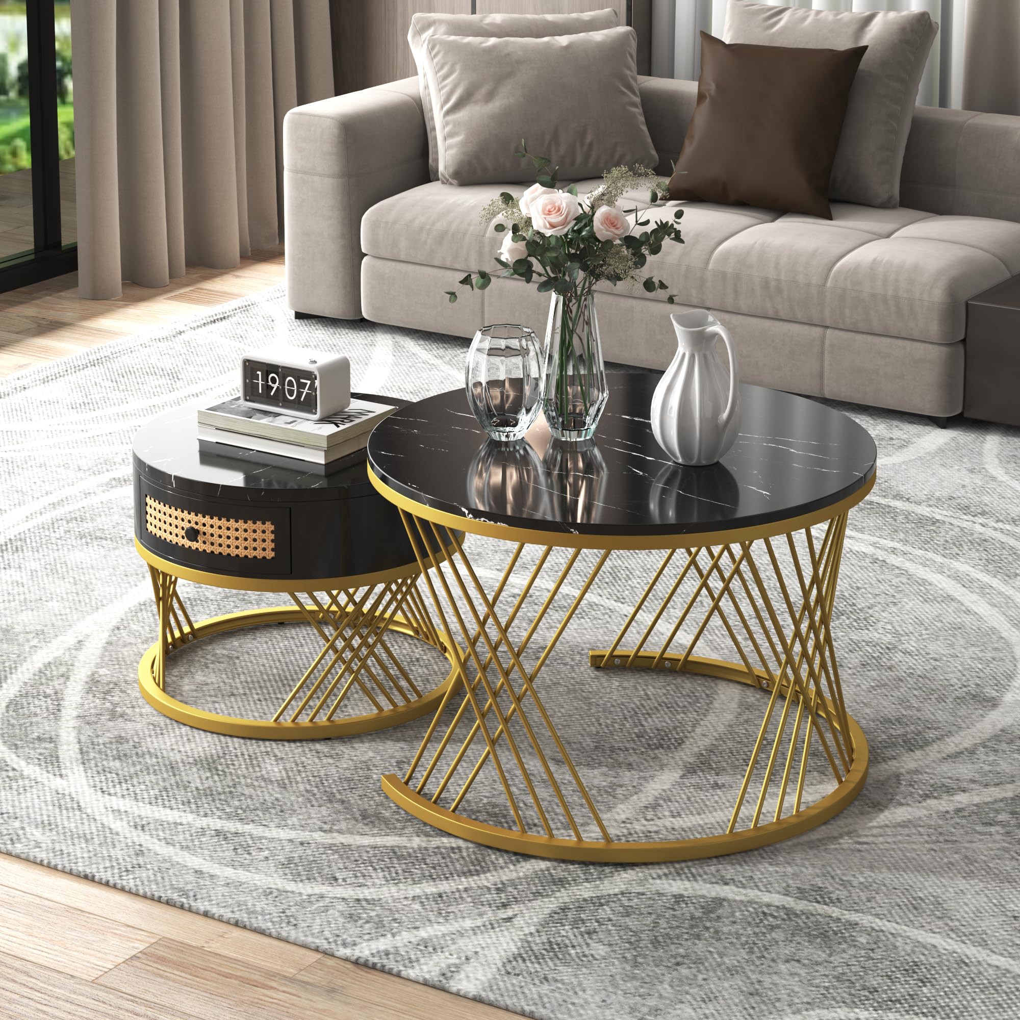 KUIKUI Round Nest of Tables Set of 2, Nesting Coffee Tables with Rattan Drawer, Black and Gold Coffee Table with Easy to Maintain and Clean Marble Patterned Desktop and Solid Wood Handles