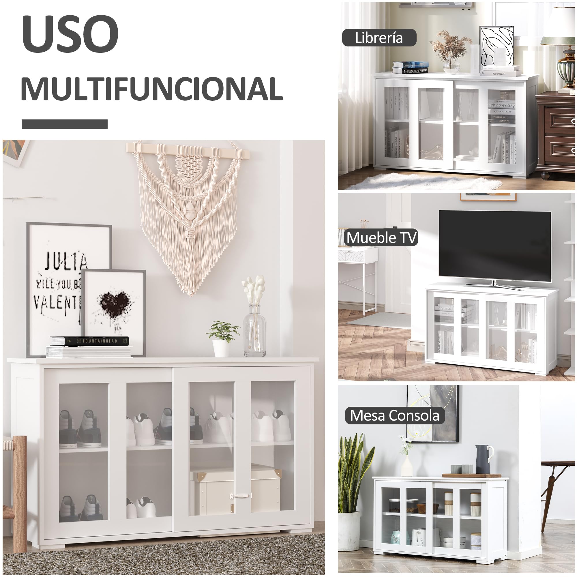 HOMCOM Aparador de Cocina Mueble Auxiliar de Cocina 107x33x62,5 cm Blanco | Aparador Apilable, 2 Puertas Corredizas de Vidrio, Estante Ajustable, para Salón Comedor