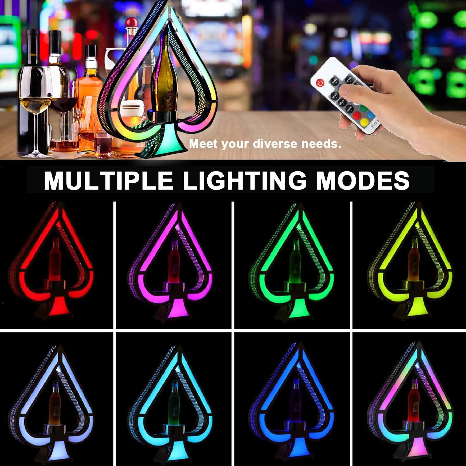 Espositore Per Bottiglie Di Champagne A LED Di Picche, Telecomando, 7 Colori Regolabili, Espositore Per Bottiglie Di Vino Luminoso, Mensola Per Bottiglie Di Liquore Illuminata A LED