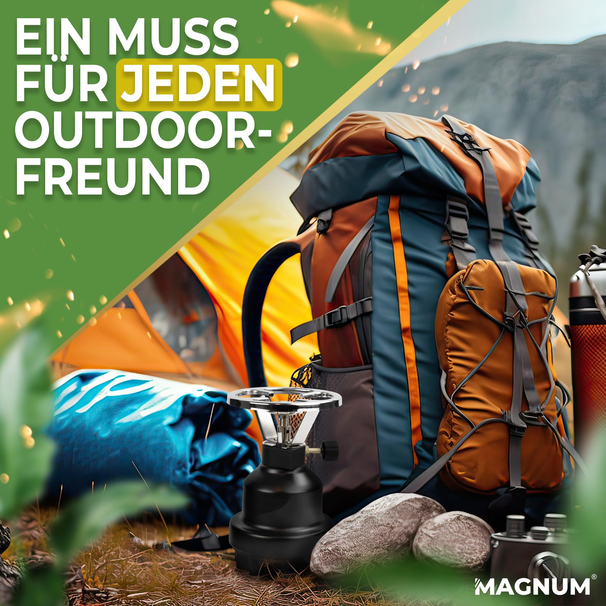 Magnum® Campingkocher inkl. 4 Gaskartuschen [Testnote: Sehr gut] Gaskocher schwarz - Camping Gaskocher stufenlos regulierbar - Gaskocher Camping (4 Kartuschen)