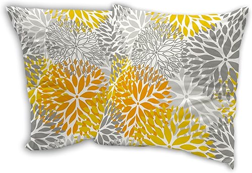 Juego de 2 fundas de almohada de dalia amarilla y gris de 18 x 18 pulgadas, fundas de almohada geométricas florales decorativas, funda cuadrada