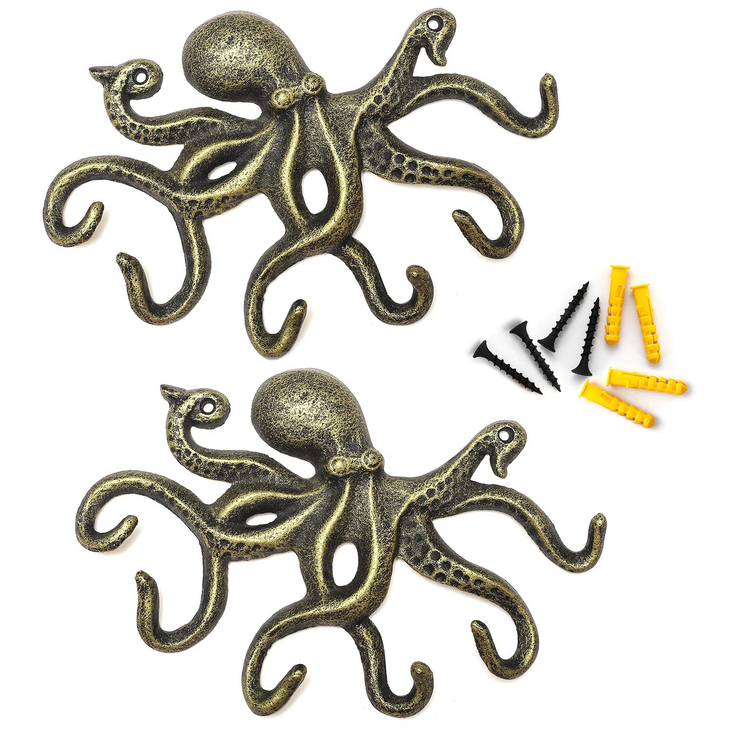 Wall Hooks for Hanging, Iron Octopus Key Holder for Wall, Decorative Hooks 2Pcs - Bronze