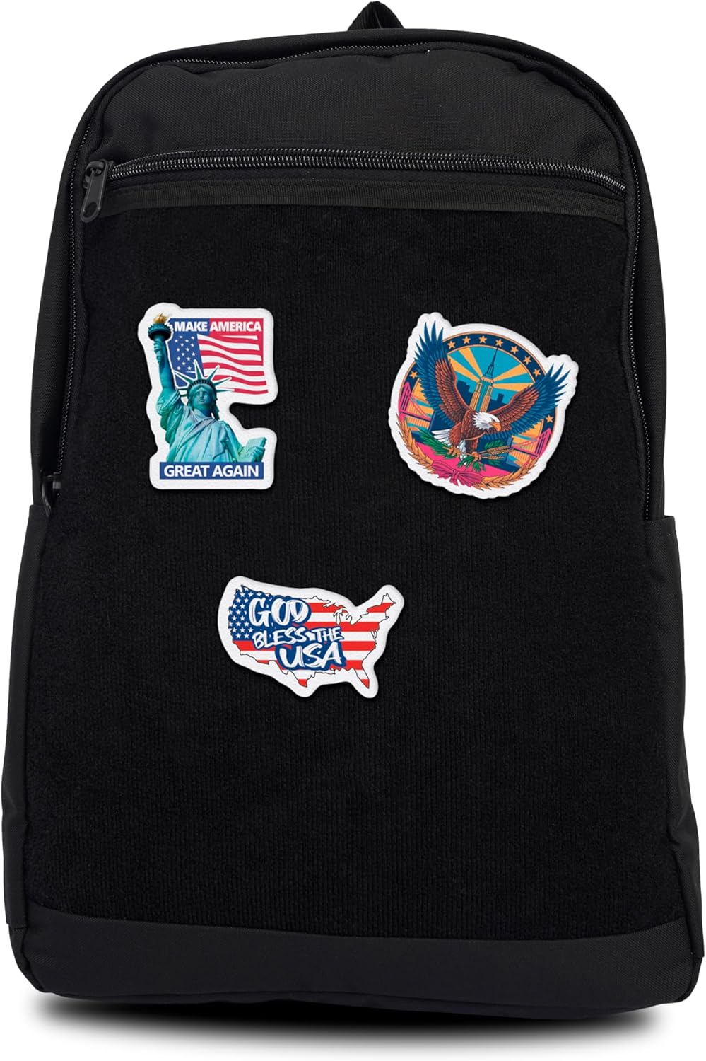 Unisex Large Black Backpack with Sticker & Patches Area, Ideal for Laptop, Travel & Work with 3 USA-Themed Stickers and Patches