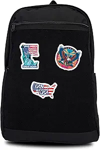 Unisex Large Black Backpack with Sticker & Patches Area, Ideal for Laptop, Travel & Work with 3 USA-Themed Stickers and Patches