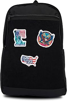 Unisex Large Black Backpack with Sticker & Patches Area, Ideal for Laptop, Travel & Work with 3 USA-Themed Stickers and Patches