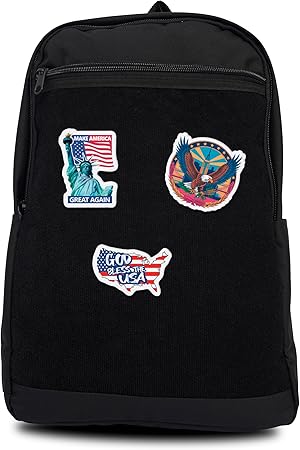 Unisex Large Black Backpack with Sticker & Patches Area, Ideal for Laptop, Travel & Work with 3 USA-Themed Stickers and Patches