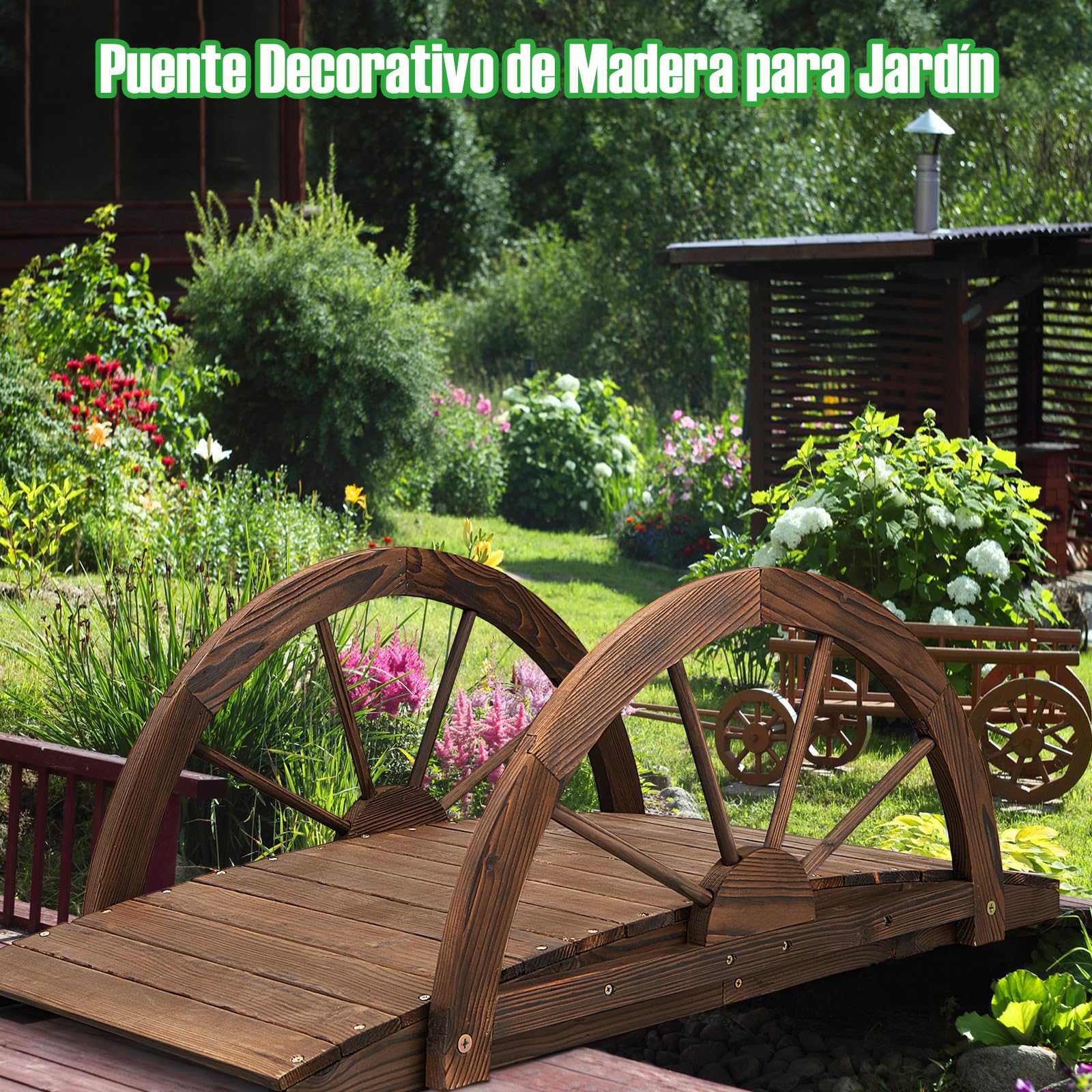 GOPLUS Puente de Jardín de Madera Abeto de 100 cm, Puente de Arco con Barandillas de Seguridad en Forma de Rueda, Puente Decorativo para Estanque Patio Jardin Arroyo Granja, 101,5 x 48,5 x 38 cm