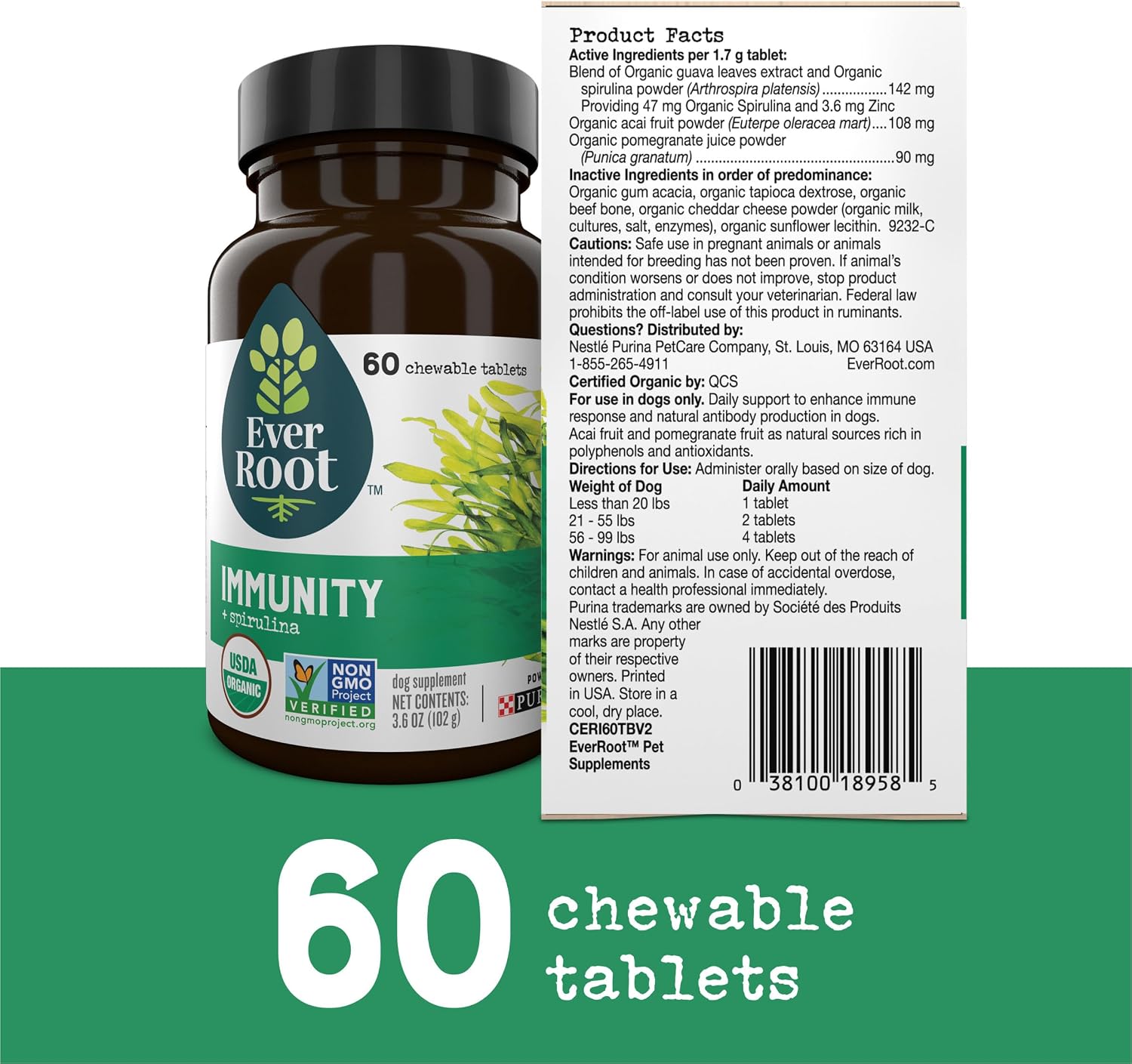EverRoot Dog Supplements Powered by Purina Immunity Chewable Tablet with Spirulina and Antioxidants - 3.6 oz. Canister