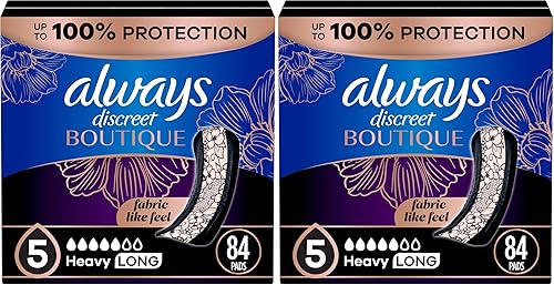 Always Discreet Boutique - Almohadillas para incontinencia y posparto para mujeres, talla 5, largas y pesadas, 28 unidades x 6 paquetes (84 unidades