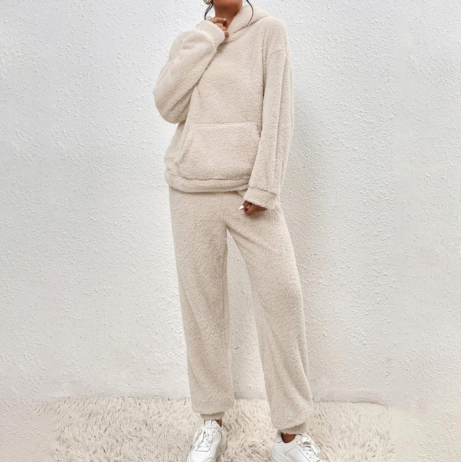 Generisch Homewear - Tuta da donna invernale soffice | Tuta sportiva in due pezzi, in pile, con cappuccio, calda, per il tempo libero
