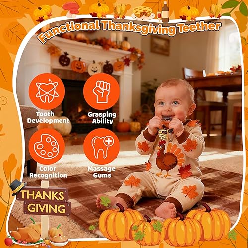 Miniatura 4 de Anillo de dentición de bebé de Acción de Gracias con 3 mordedores, pavo, calabaza y piñas con textura suave, mordedor de silicona para 0 a 12 meses,