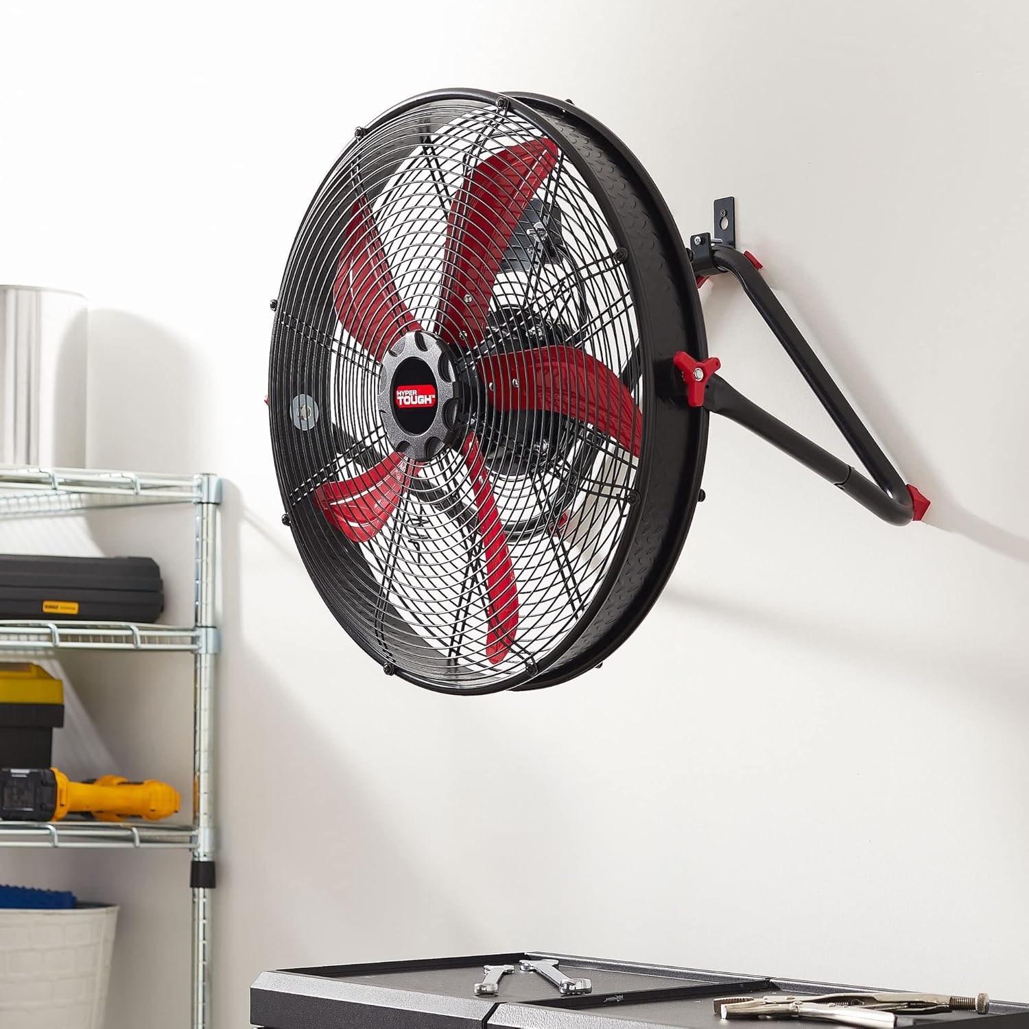 Hyper Tough 20-Inch Drum Fan mounted on a wall