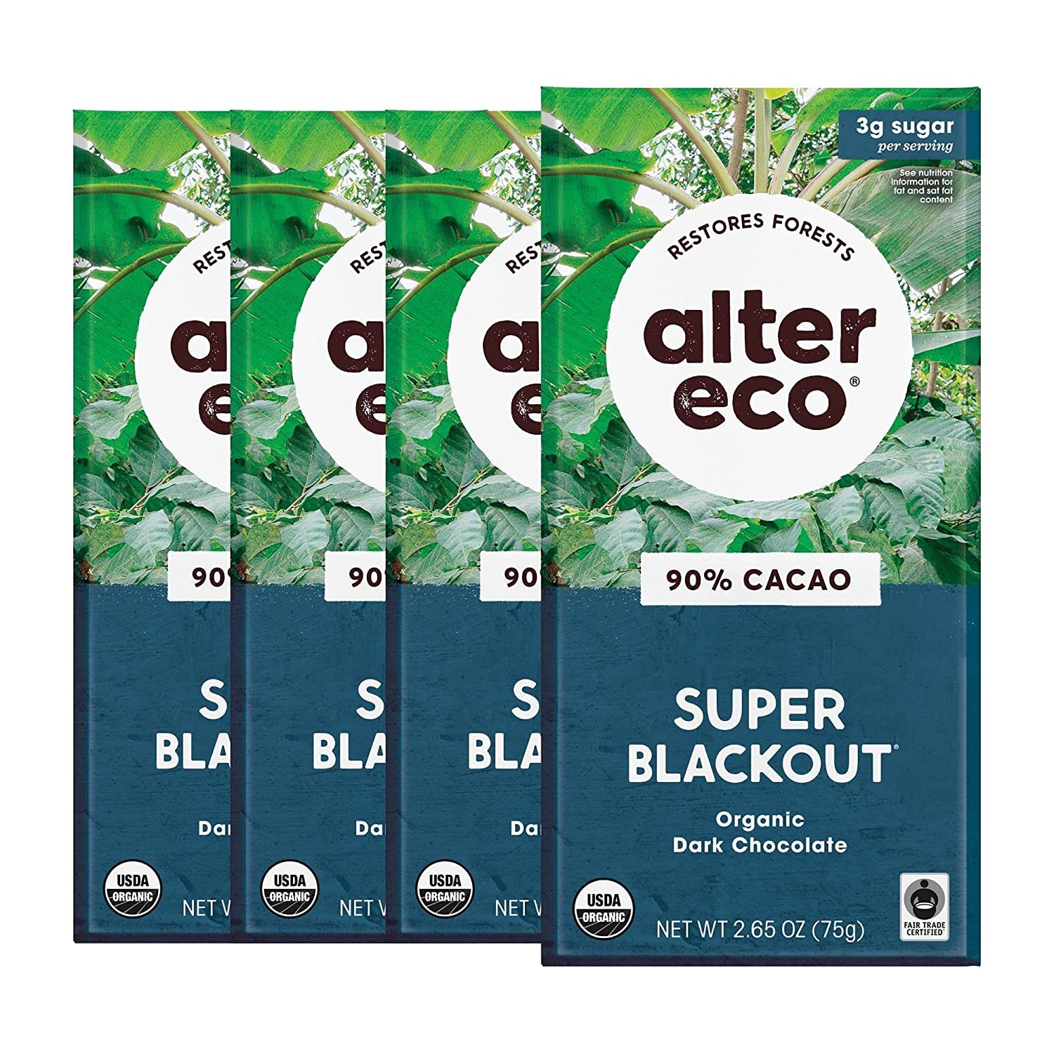 Alter EcoDark Chocolate Bars | Pure Dark Cocoa, Fair Trade, Organic, Non-GMO, Gluten Free (4-Pack Super Blackout)USDA OrganicFair Trade CertifiedFair Trade CertifiedFair Trade Certified