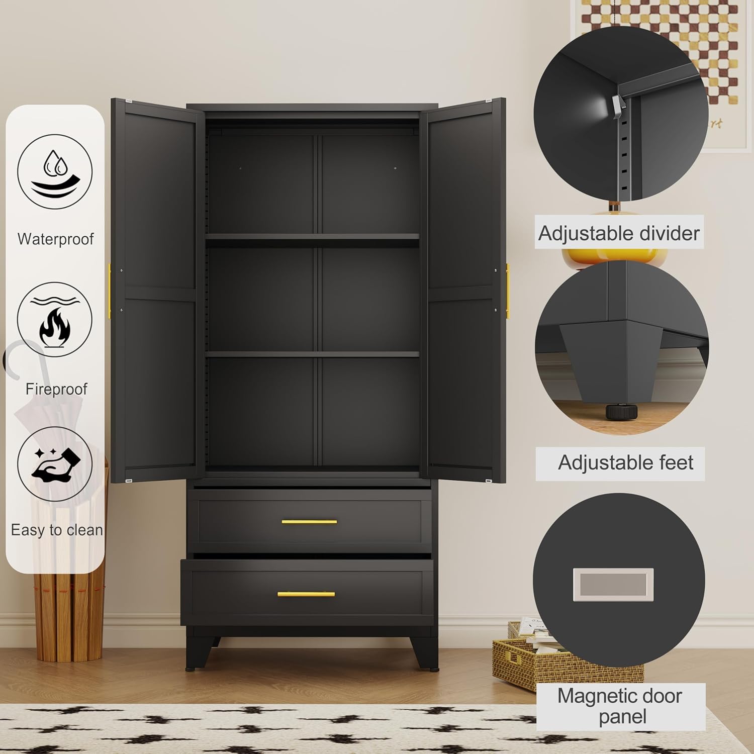 erosoei 71" H Metal Pantry Storage Cabinet,Office File Cabinets with 2 Drawers and Shelves, Kitchen Cupboard Storage Cabinet for Bedroom and Dinning Room（Black）