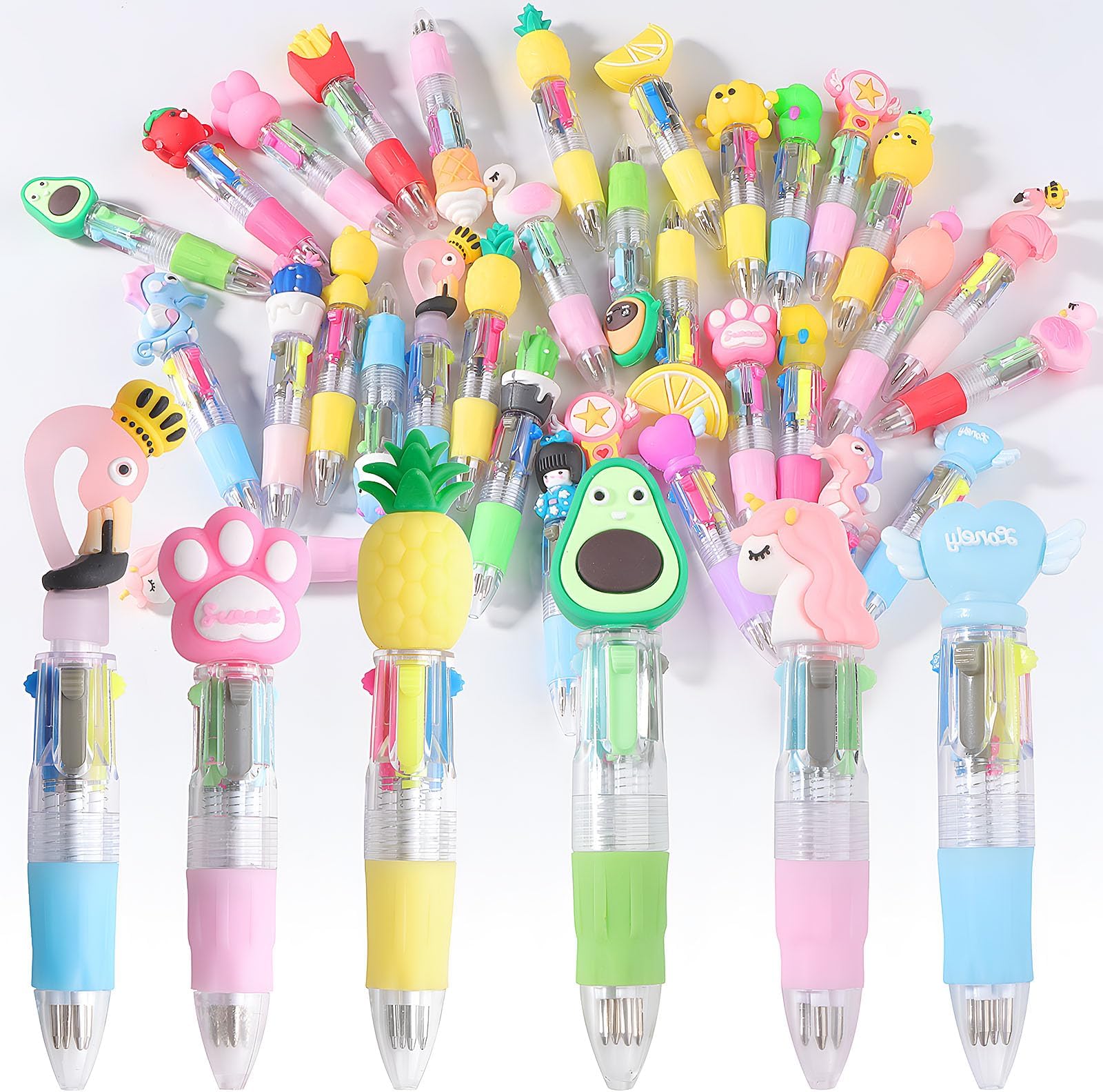 HTTYHTMulticoloured Ballpoint Pens 32 Pcs 4-in-1 Colored Fun Cartoon Retractable Ballpoint Pens for Kids Back to School Supplies Students Party Bag Fillers