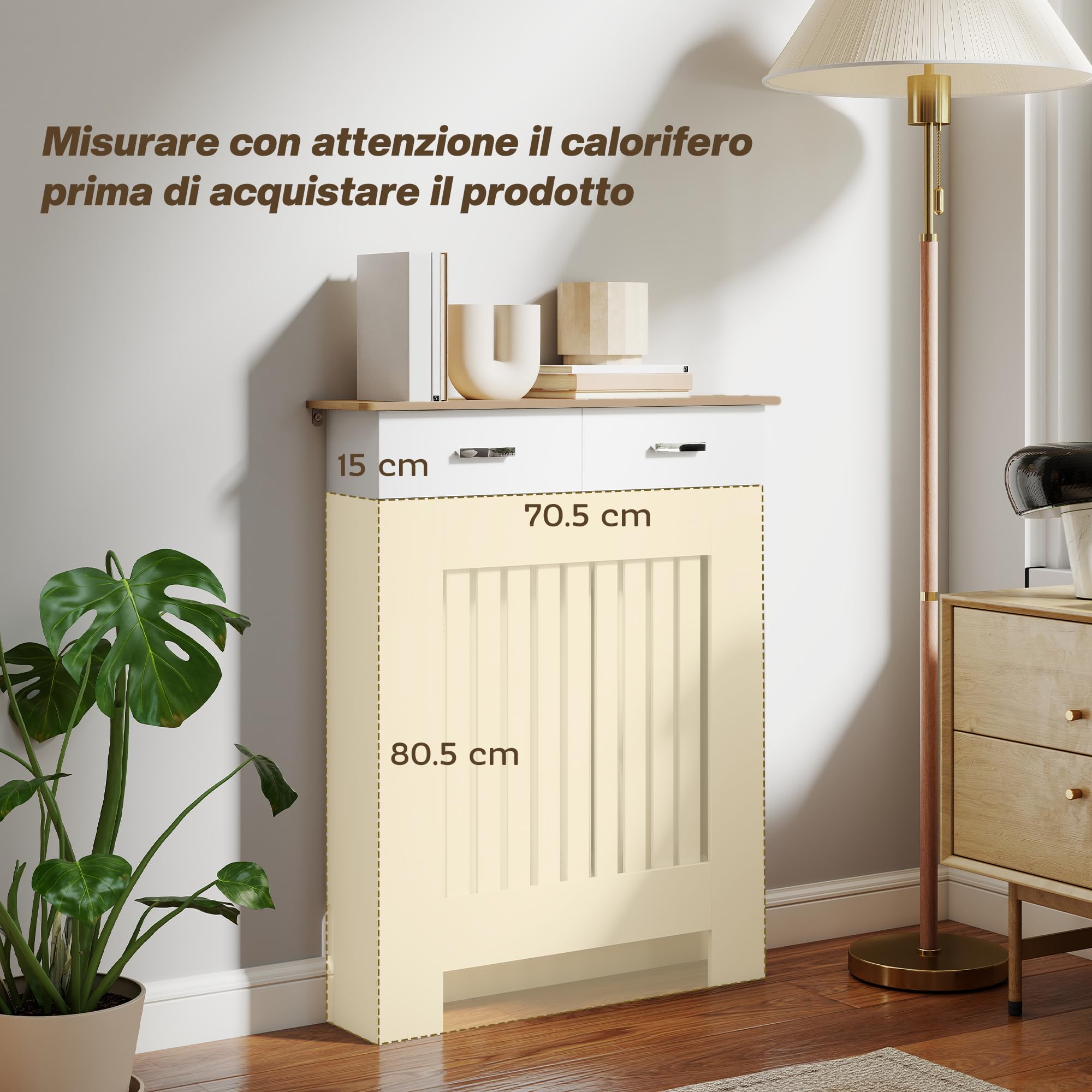 HOMCOM Copri Termosifone Moderno a Doghe Antiribaltamento con Cassetto Portaoggetti, Copritermosifone in Legno per Soggiorno, Corridoio e Ufficio, 78x19x97 cm, Bianco