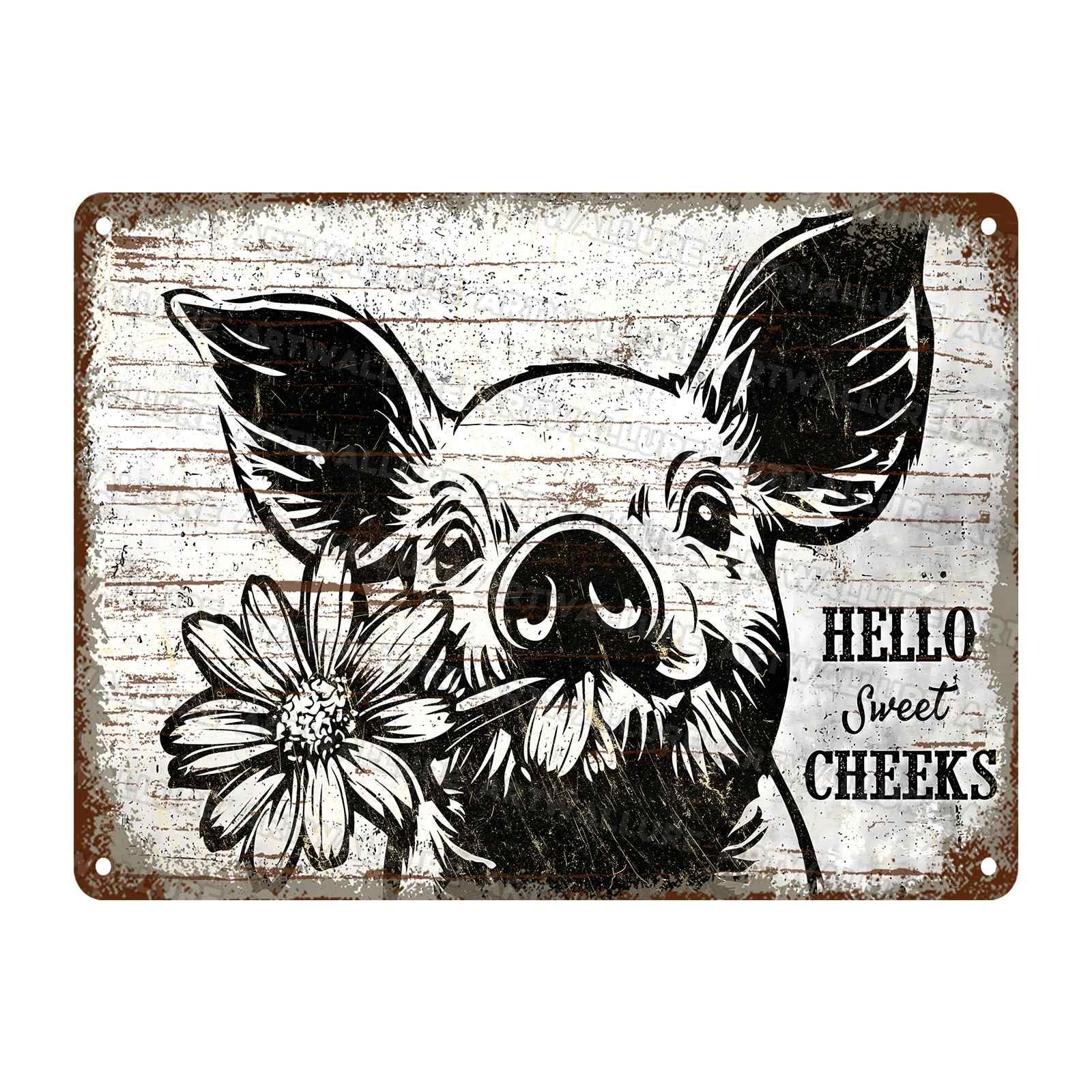 Funny Pig Vintage Sign Hello Sweet Cheeks Metal Tin Sign Bathroom Sign Wall Decor for Toilet Restroom Washroom Decor 12X16Inch