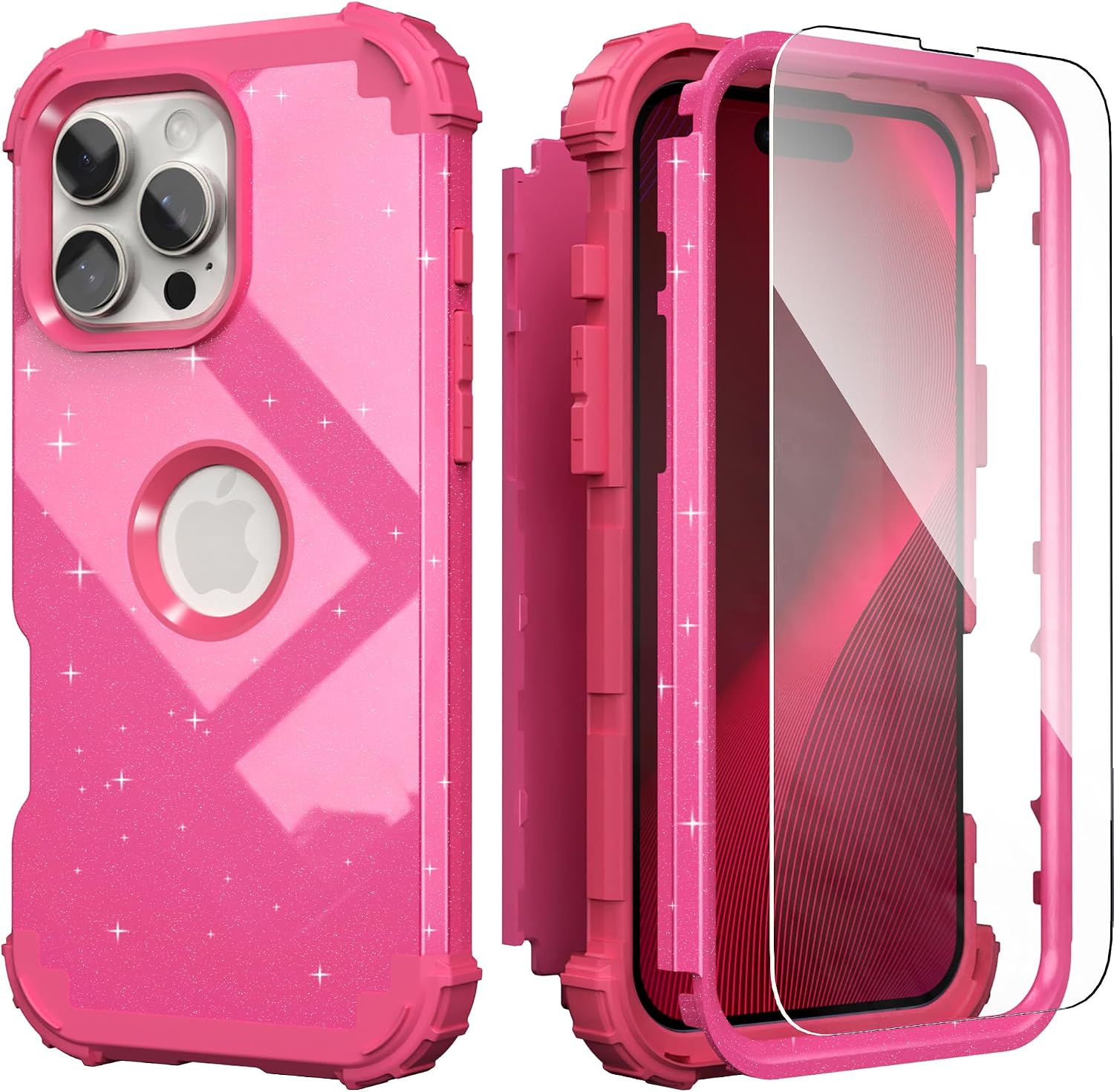  for iPhone 16 Pro Max Case with Screen Protector for Women, 3 in 1 Shockproof Slim Fit Hybrid Heavy Duty Hard PC Cover Soft Silicone Bumper Full Body Anti-Fingerprint Case,Glitter Rose Red