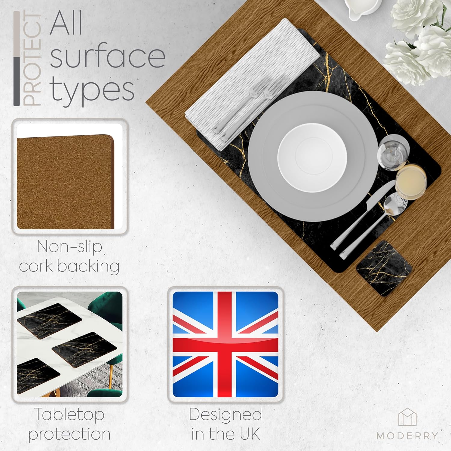 Set of 4 Heat Resistant Cork Placemats for Dining Table with Free Set of 4 Matching Drink Coasters Marble Design 16 x 12 Inches Cork Backed Hard Placemats (Black & Gold)