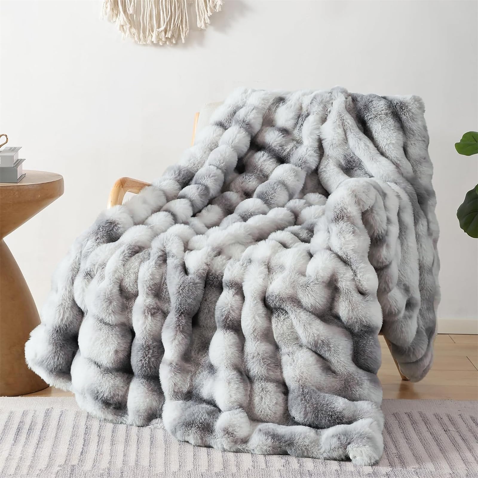 Lingky Women's Tie Dye Grey Faux Rabbit Fur Luxury Plush Sherpa Throw Blanket - Super Soft Cozy Fuzzy Sofa Blanket Large Fluffy Blankets Warm Bed Throws For Couch Bed Sofa, 230X250cm,