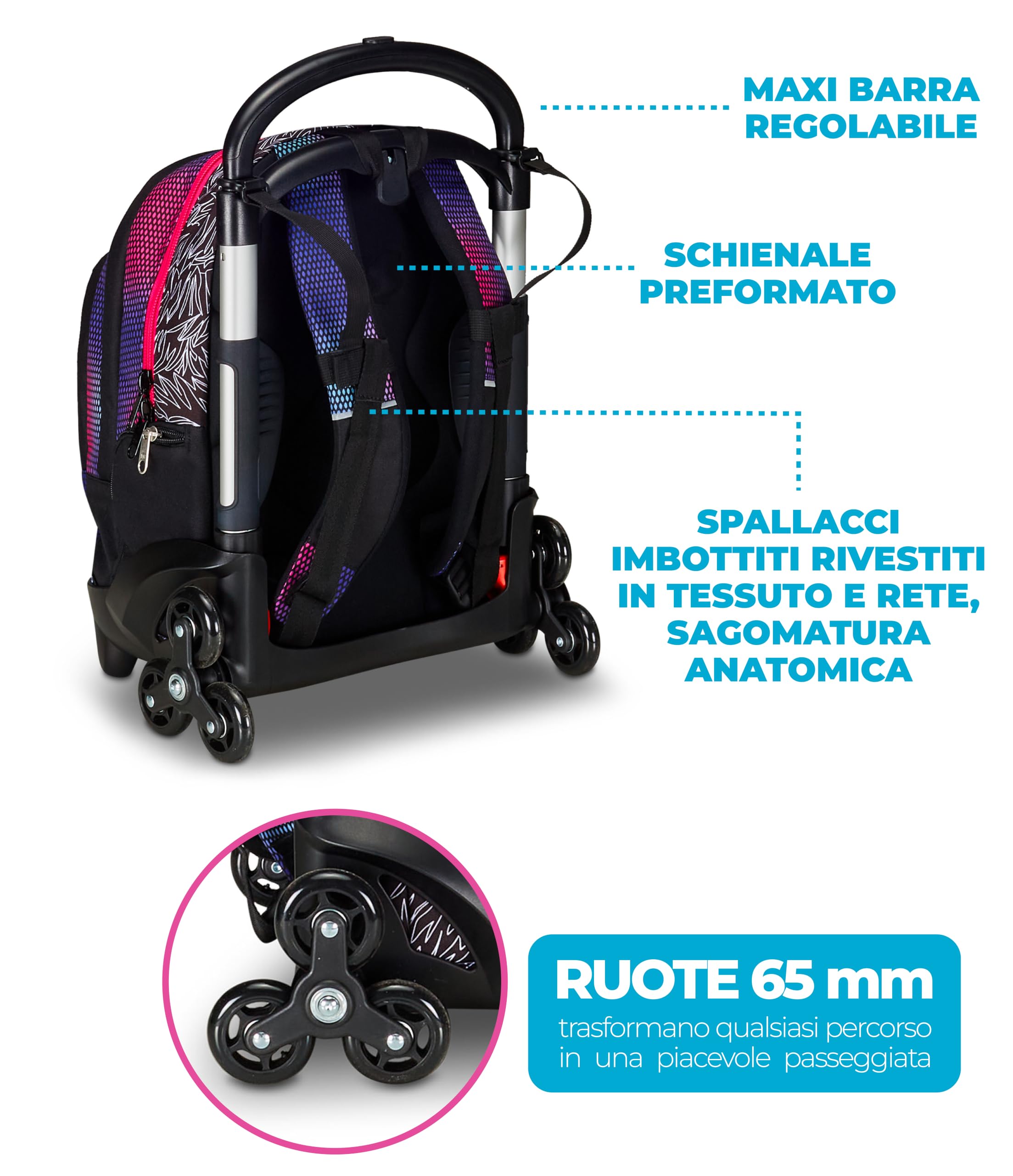 Seven Trolley Scuola Flex 3 Ruote, Rosa, Shadefull Girl, 3 in 1, Triplo Uso, Zaino Con Carrello Sganciabile, Tasca Porta Borraccia e Crossover System, Zaino Scuola Viaggio, Bambina Ragazza