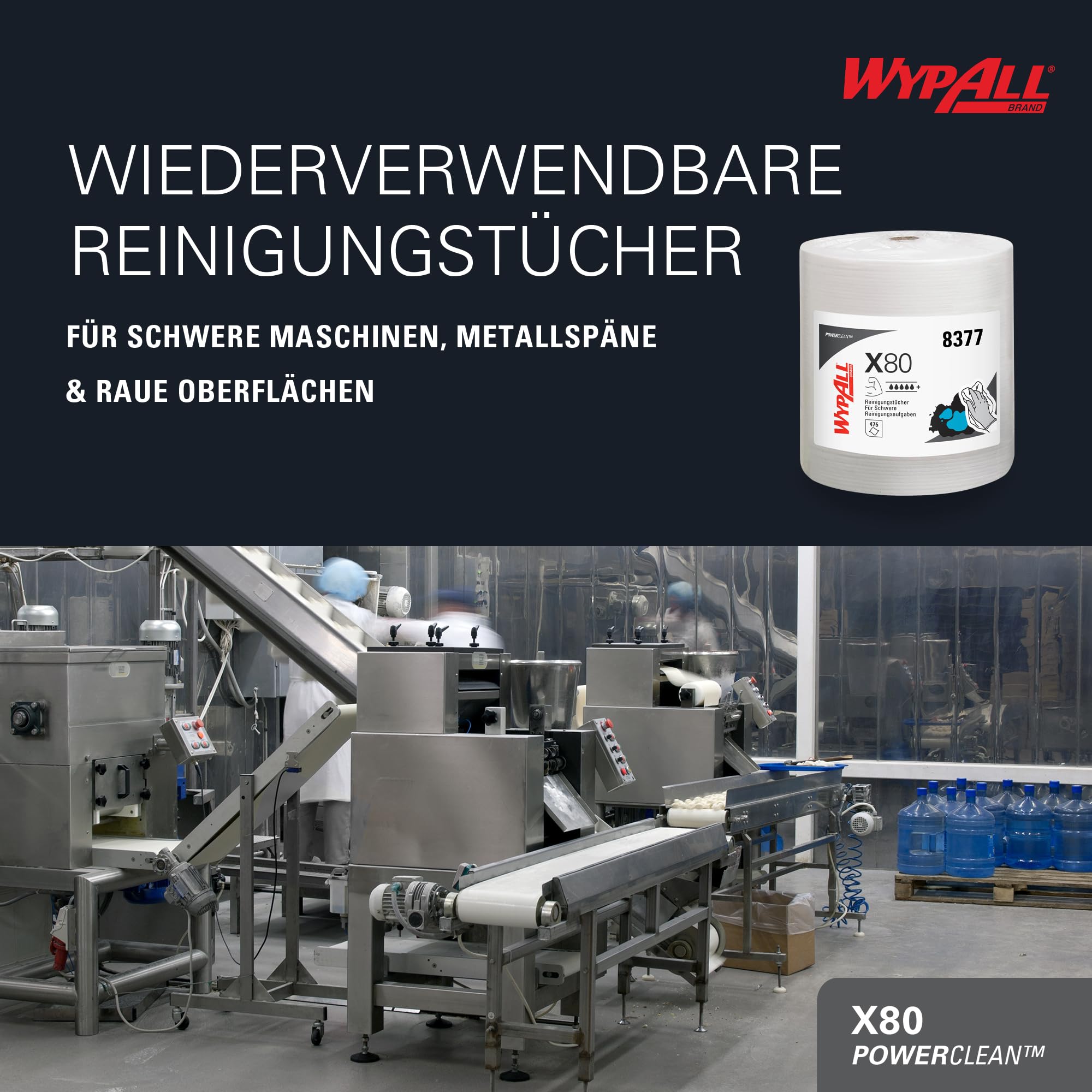 WypAll X80 Power Clean Tücher, 1-lagige, industrielle Reinigungstücher mit Hydroknit-Technologie, wiederverwendbar, auf rauen Oberflächen geeignet, 1 Großrolle x 455 Wischtücher, Artikel-Nr. 8377