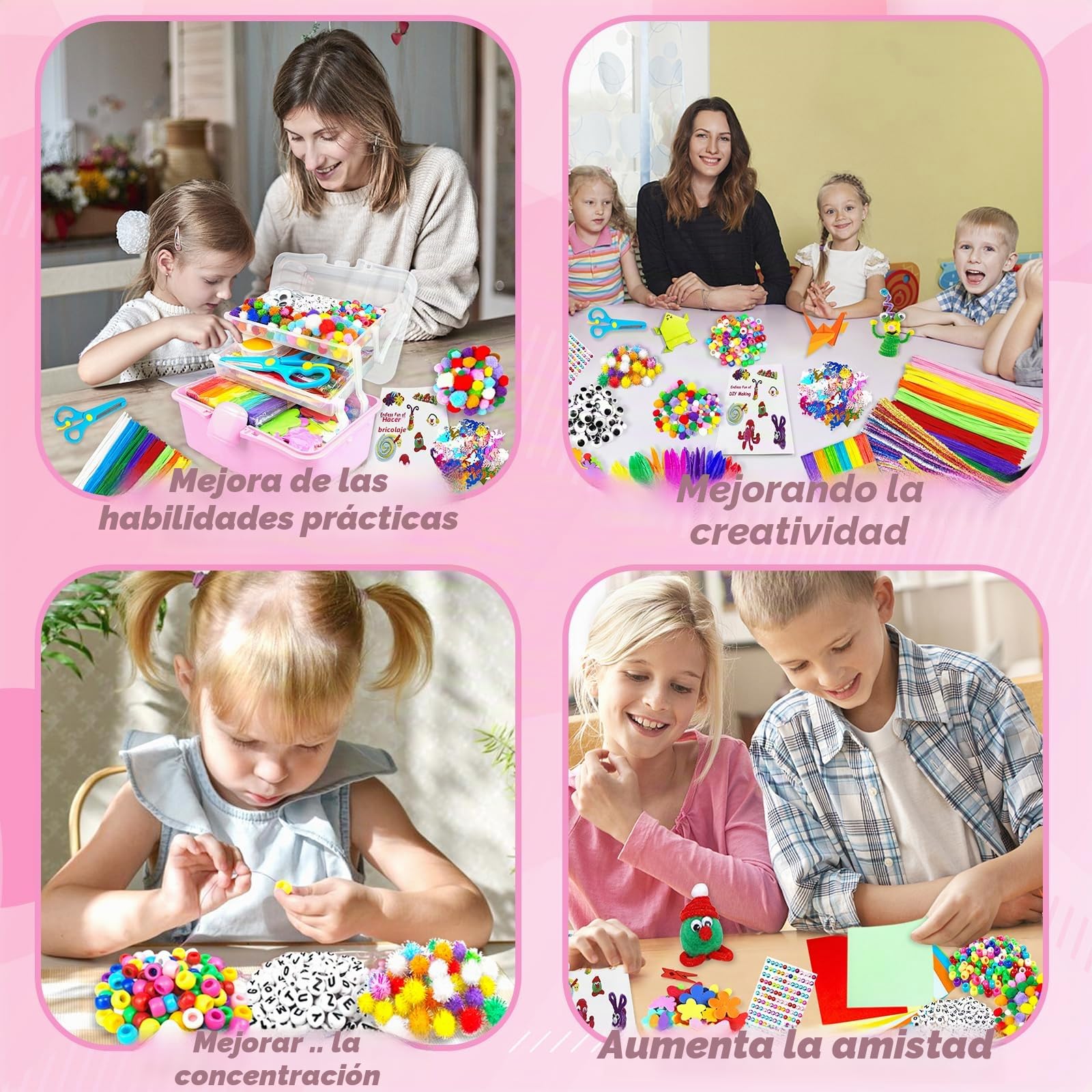 BNUZEIYI 3000 Manualidades Niños Kit Manualidades Caja con Limpiapipas Material para Niños de 4-6 6-8 8-12 años Material Escolar DIY Set Juguetes Regalos para Niñas, Rosa