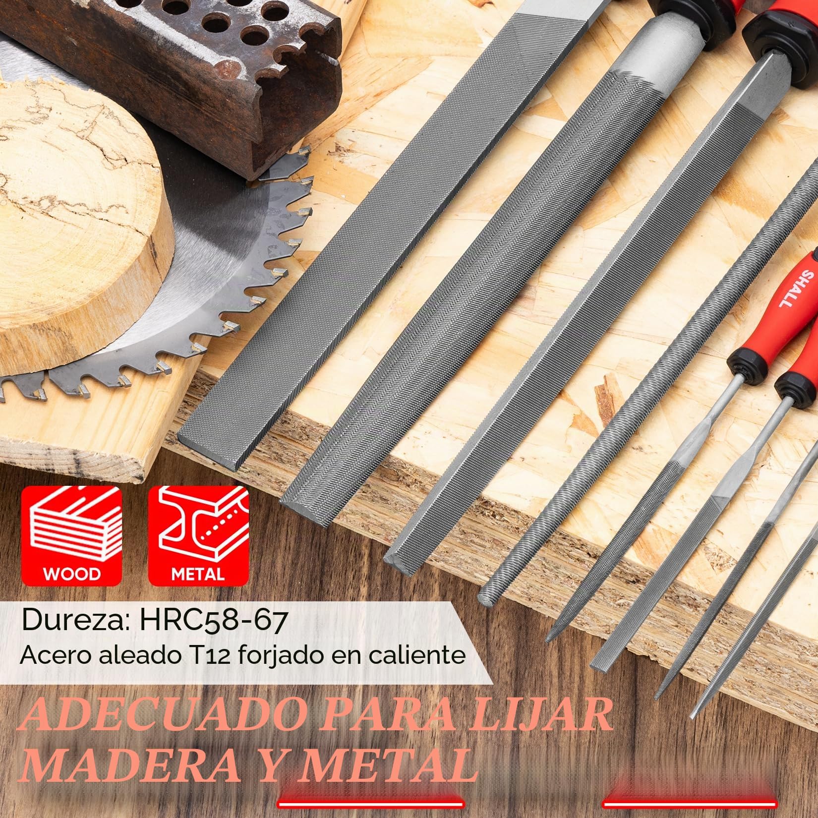 SHALL Juego de 17 limas de metal para metal, madera y plástico, 4 limas de mano y 12 de aguja, cepillo de alambre, lima de metal de alta calidad con caja de almacenamiento.