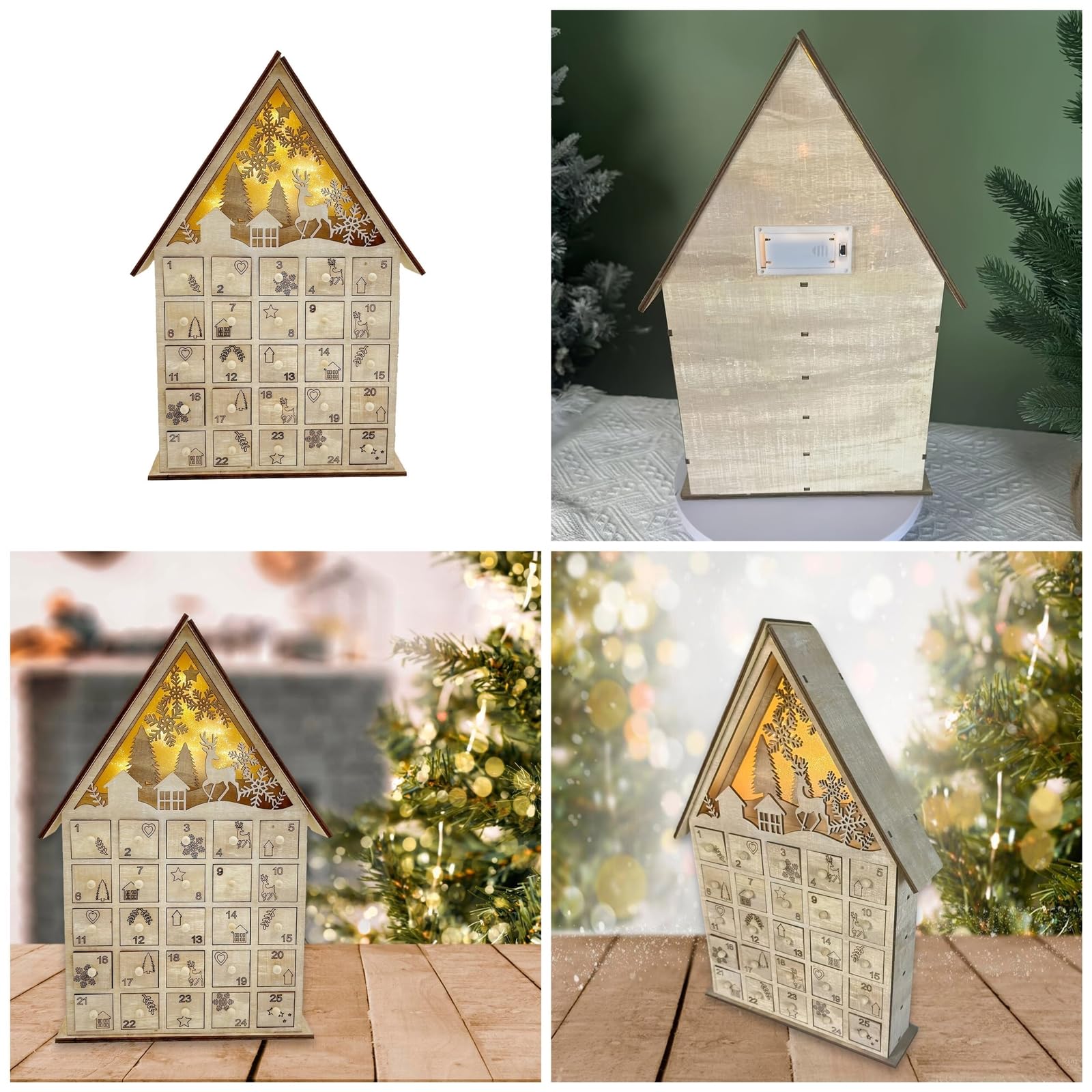 Festival Adventskalender Aus Geschnitztem Holz Beleuchteter Adventskalender Aus Holz Mit 24 Schubladen Und Weihnachtsbaum Rentier Dekorationen Einzigartige Weihnachten