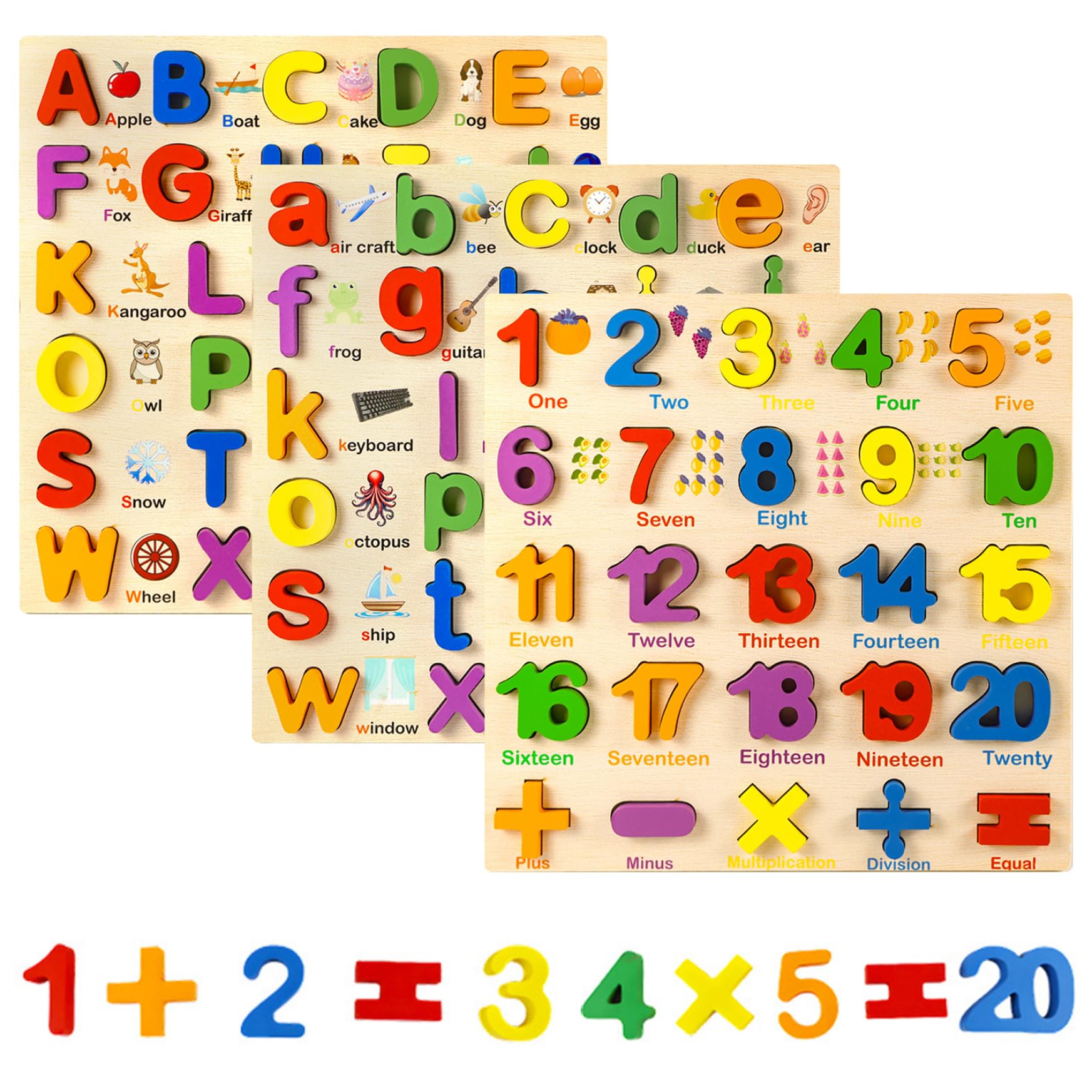Puzzle in legno, 3 pezzi di puzzle con alfabeto e numeri, giocattoli educativi per attività di apprendimento prescolare per bambini di 1, 2, 3, 4 e 5 anni, in legno per bambini piccoli, puzz