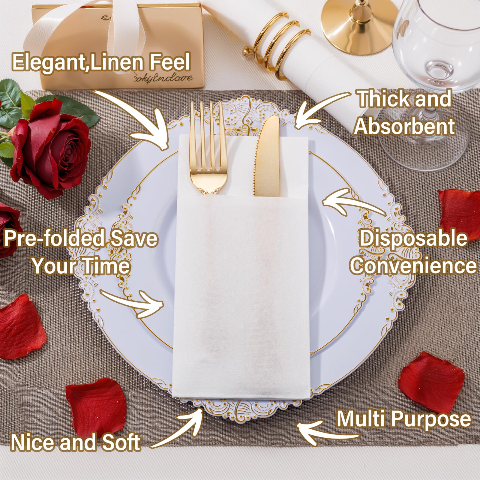 200 servilletas de papel blanco con bolsillo integrado para cubiertos, servilletas desechables preplegadas similares a la tela, servilletas de cena resistentes con tacto de lino para fiestas,