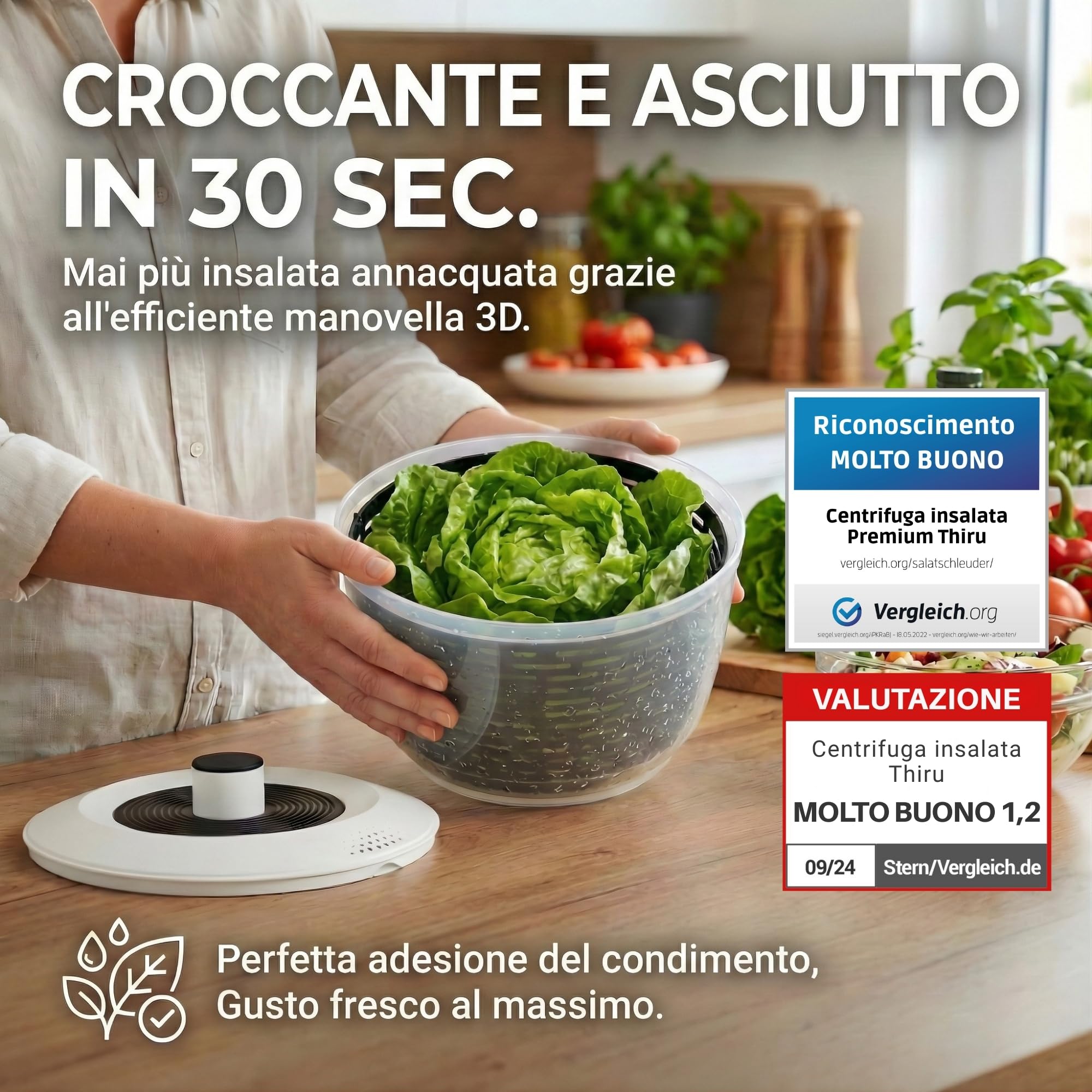 Centrifuga insalata Premium 5 L – 60 giorni di prova senza rischi – 2 in 1 antiscivolo: centrifuga & insalatiera – Ø 24,5 cm – senza BPA – lavastoviglie – per asciugare l’insalata – eBook incluso