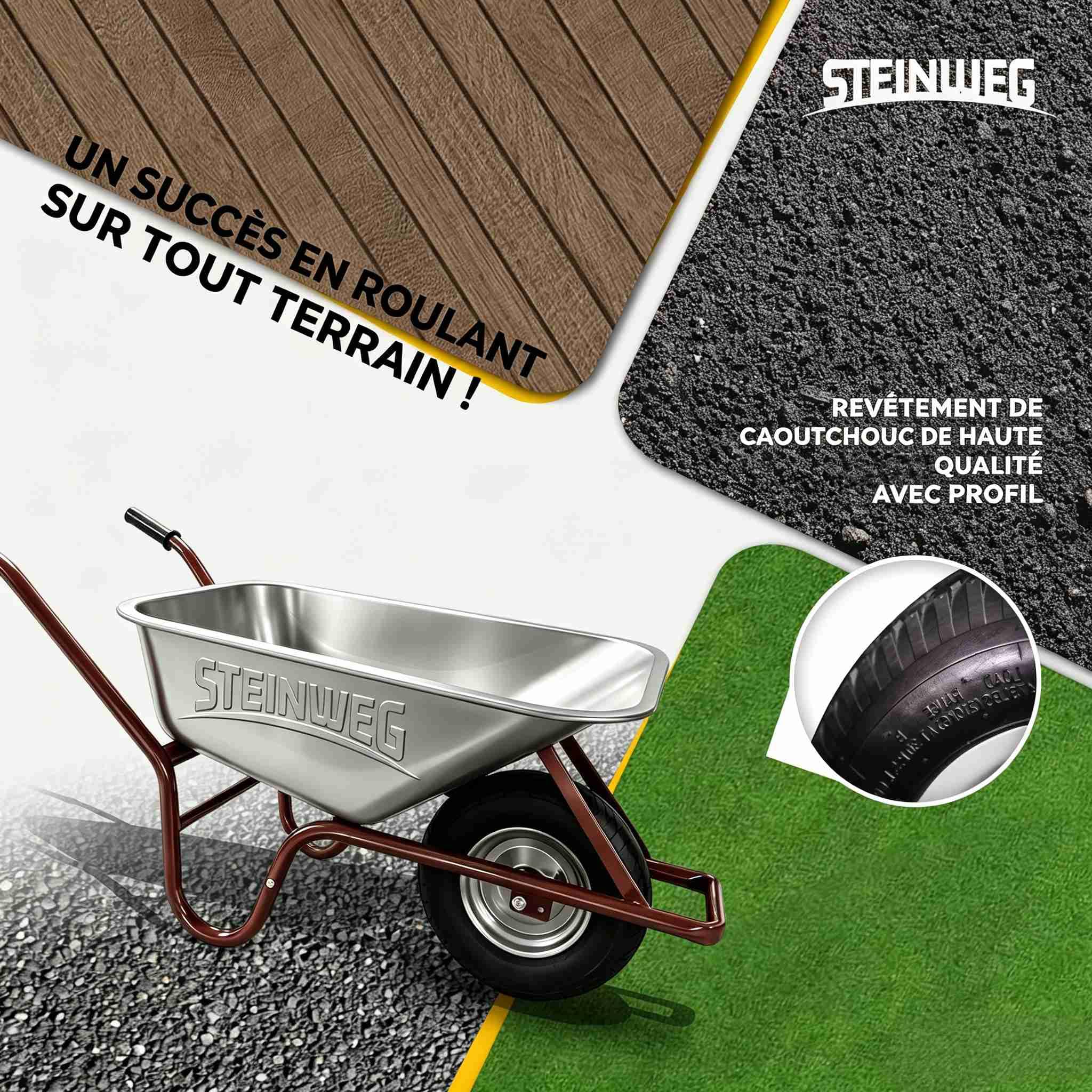 STEINWEG - Brouette de chantier - 100 l - 250 kg - Pneus pneumatiques avec bac galvanisé - Construction robuste pour le jardin et les besoins de construction - Pneus pneumatiques avec jantes en acier