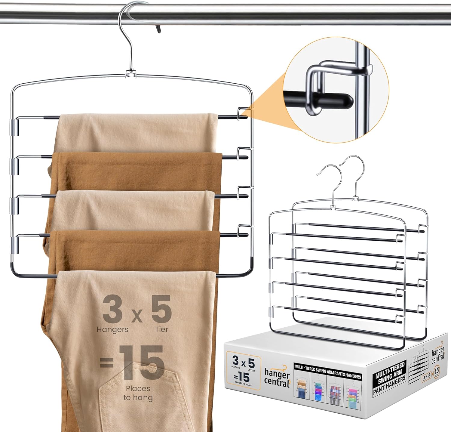 Hanger Central 3 Pack Space Saving Swing Arm Pants Hangers – 5 Tier Stainless Steel Multi-Layer Closet Organizer for Jeans, Slacks, Trousers, Skirts – Non Slip Hangers for Clothes, Black