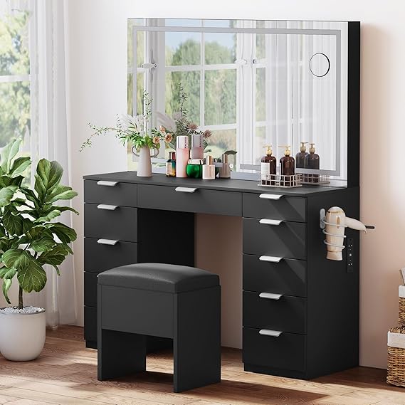 DWVO 46'' Elegant Wooden Makeup Desk for Bedroom, Dressing Room, Ebony